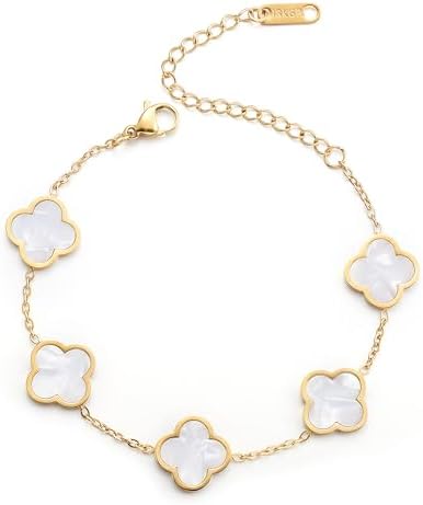 AIPPK 18K Gold Plated Clover Lucky Bracelet for Women White/Black/Red/Green Flower Four Leaf Link Bracelets Trendy Jewelry Gifts for Women Teen Girls