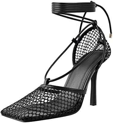Richealnana Women's Square Toe Mesh Lace Up Strappy Sexy Sandals
