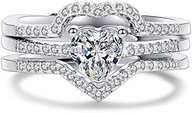 Uloveido 3pcs Set Womens Heart CZ Wedding Bands Engagement Ring Enhancer Adjustable Open Bridal Rings Platinum Plated