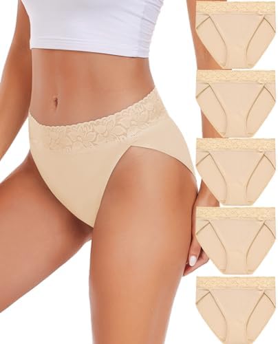 RHYFF Womens Underwear Cotton Bikini Panties High Cut Lace Panty Stretch Soft Hipster Underpants Ladies Briefs S-XXL