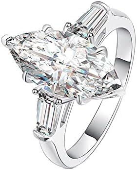 DCFSHEE Classic Platinum Plated Marquise Cut and Baguette CZ Cubic Zirconia Engagement Ring 3-Stone Wedding Promise Rings for Her (US Size 6)