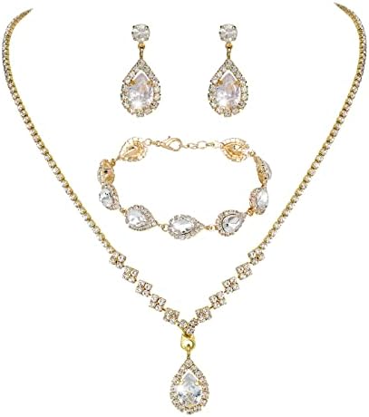 COCIDE Bride Jewelry Set Silver Crystal Wedding Necklace Earrings Bridal Rhinestone Teardrop Pendant Accessories for Women and Bridesmaids (3 piece set - 2 earrings and 1 necklace)