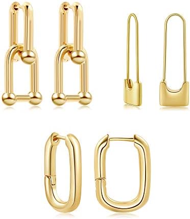 SLOONG 3 Pairs 14k Gold Plated Ball U Shape Pin Y2K Style Chunky Earring Link Chain Chunky Circle Hoop Earrings Paperclip Link Chain Jewelry Drop Dangle Earrings set for women teen girls