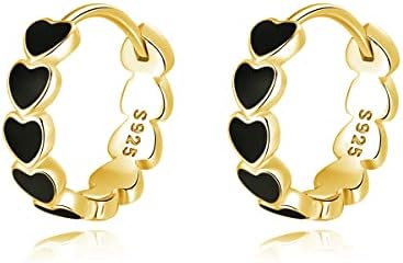 SLUYNZ 925 Sterling Silver Black Heart Hoop Earrings for Women Teen girls Minimalist Black Hoop Earrings 1.5CM Hoop Earrings