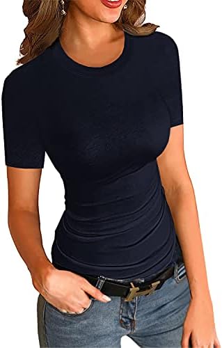 Womens Crewneck Short Sleeve Ribbed T-Shirt Slim Fit Tops Solid Basic Tee