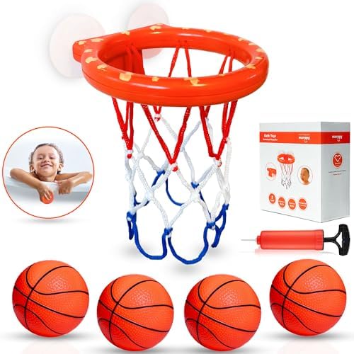 KidU Bath Toys, Bathtub Basketball Hoop for Toddlers Kids, Boys and Girls with 4 Soft Balls, Mold Free & Strong Suction Cup, Bathtub Shooting Game & Fun Toddlers Bath Toys for Boys or Girls