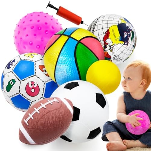 Ladwon Balls Toys for Toddlers 1-3, Toddler Outdoor Toys, Set of 7 Boys Girls Indoor Outdoor Sports Balls Toys, Baby Soccer Ball Basketball Tennis Ball Rugby Ball with Bag