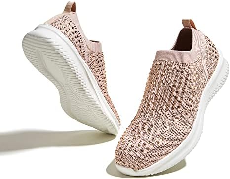 BELOS Women's Rhinestone Mesh Slip On Walking Shoes Fashion Breathable Spakle Glitter Sneaker