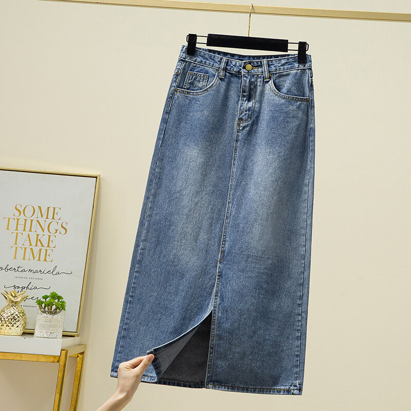 Loose Slim Looking Straight Skirt Women's Mid-Length Autumn and Winter Split Denim Skirt plus Size Fat Sister A- line High Waist Skirt
