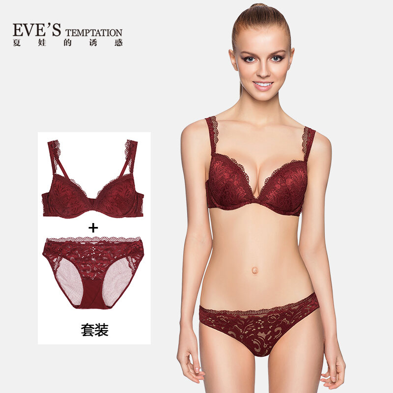 [Set] Eve's Temptation Begonia Series Sexy Lace Edge Deep V Push up Bra Women Upper Support Underwear