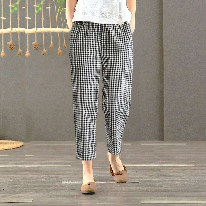 2024ac Summer Pure Cotton Mom Pants Middle-Aged and Elderly Gingham Cropped Pants Middle-Aged Harem Pants Print Casual Pants