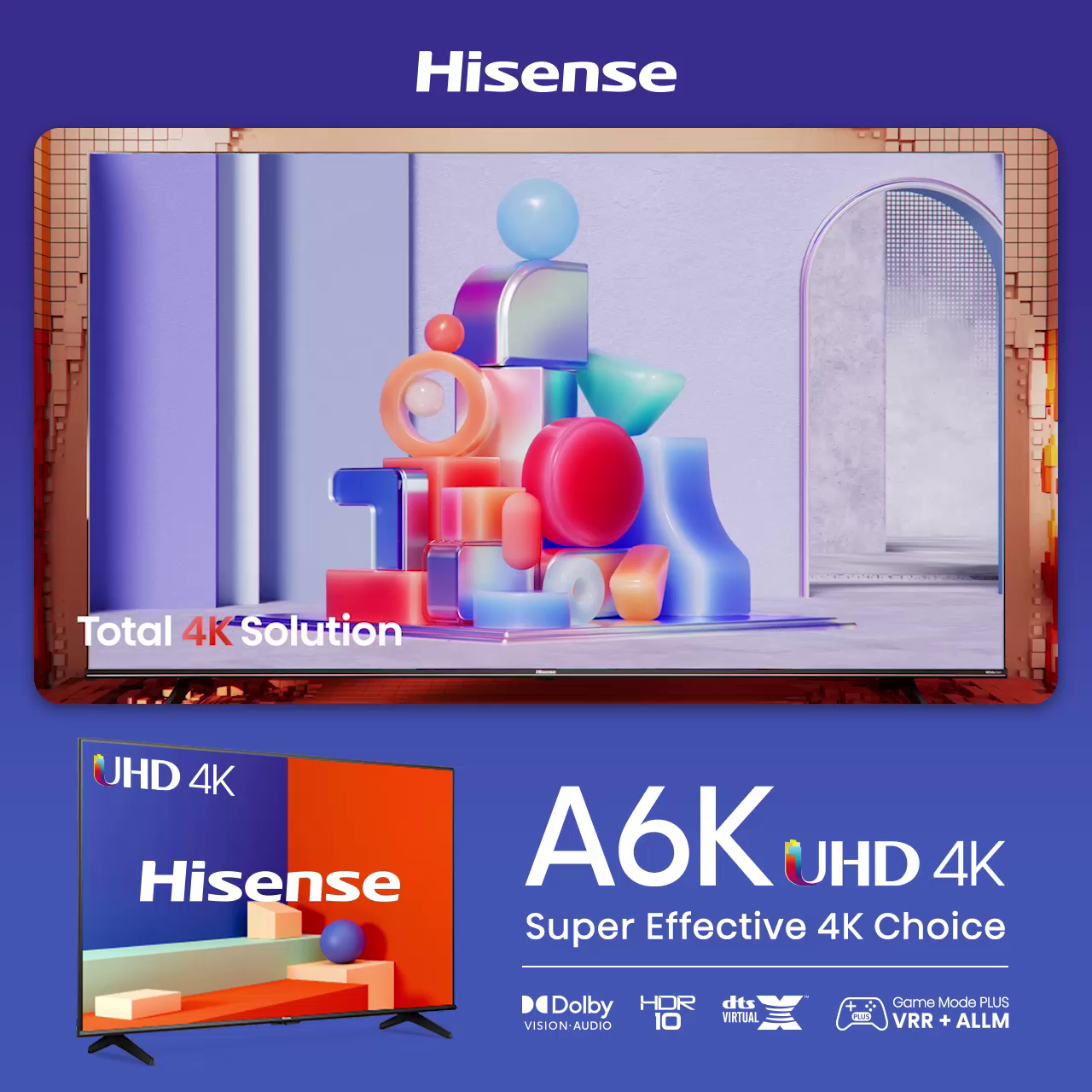 Hisense A6K Smart TV 65 inch | UHD | Direct Full Array | AI Adaptive Depth | Dolby Vision | Dolby Audio | VRR + ALLM | Pixel Tuning | AI Picture Optimisation | MEMC | 120 Smooth Motion | Precision Col