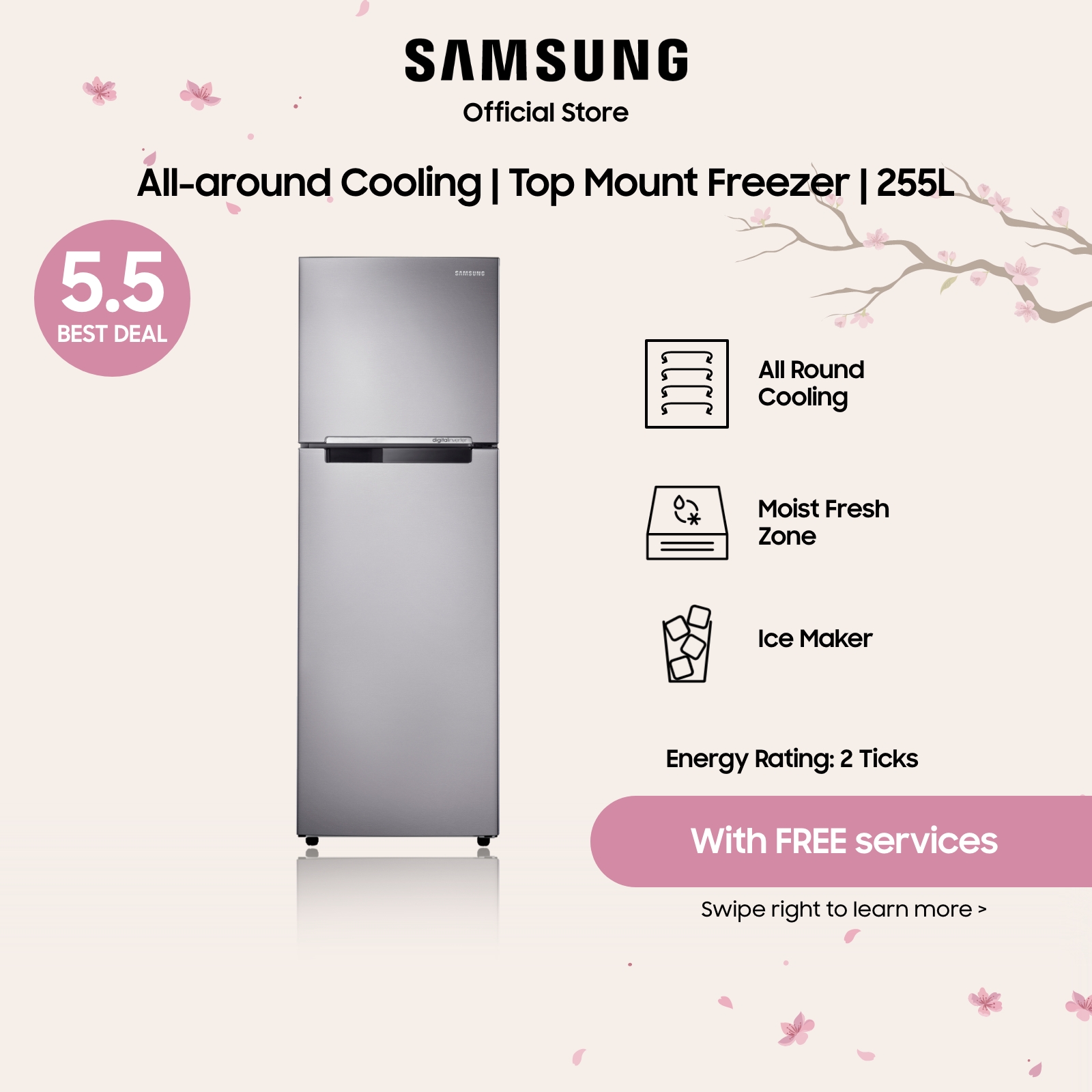 Samsung RT25FARADSA/SS, Top Mount Freezer Refrigerator, 255L, 2 Ticks