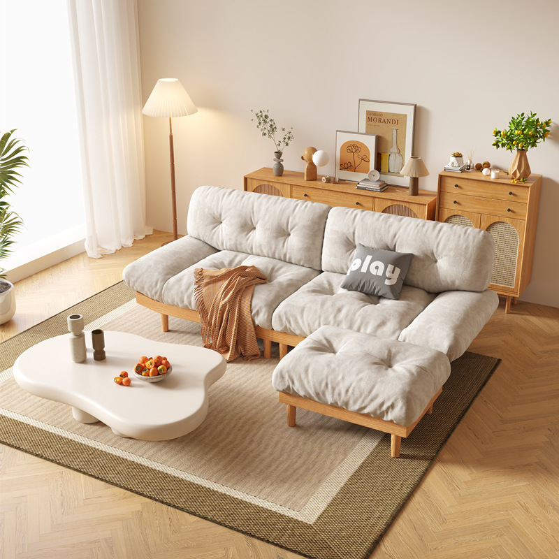 Solid wood cloud sofa living room small apartment simple wabi-sabi style fabric cream style technology cloth three-seat