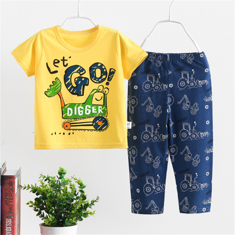 KidU Kids Boys Girls 100% Cotton Summer Short Sleeves Pyjamas Sets Vehicles Car Print T-shirts and Long Pants Trousers Clothing Sets For 0-10 Years Boy Children Air-conditional Room Wear