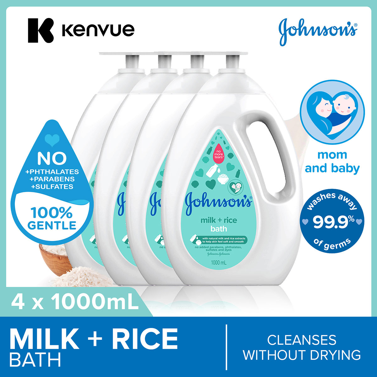 [Bundle of 4] Johnson's Baby Milk + Rice Bath 1000ml Baby Shower (help skin feel soft and smooth)
