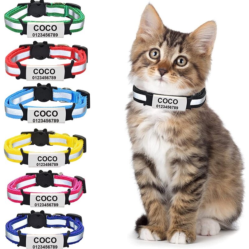 Free Custom ID Name Tag Cat Collar Bell Necklace Safety Reflective Nylon Kitten Cat Collar Personalized Engraved Safte Buckle
