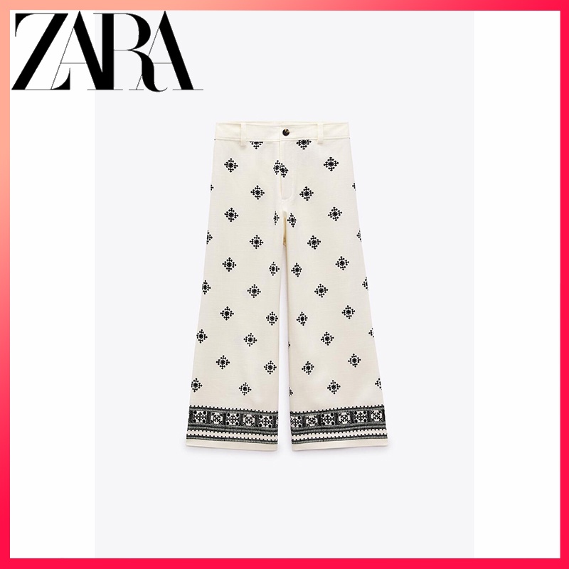 ZARA new women's printed linen high waist pants dxz
