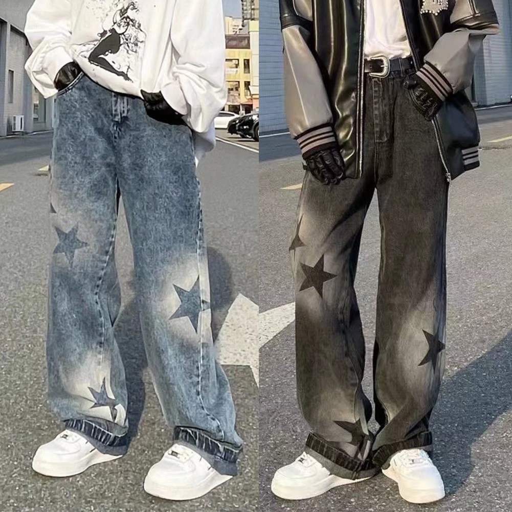 【Ready Stock】 Star Trousers Young Casual Cool Vintage Straight Leg Instagram Loose Versatile Jeans Pants For Women