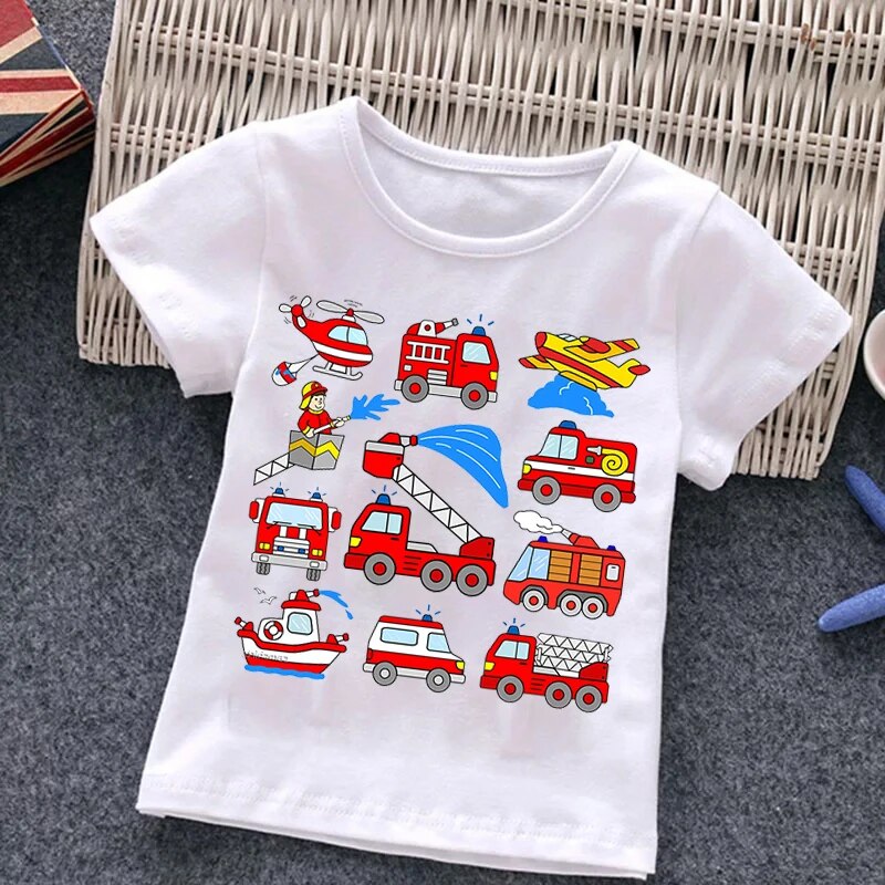 Fire Truck Fireman Print Children's T-shirt New Summer Short Sleeve Kids Tshirt Cartoon Harajuku Tshirt Girl Boy T Shirt Top Tee