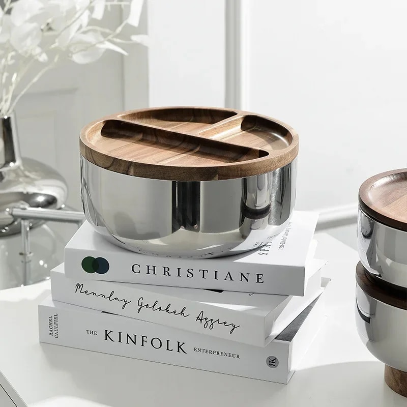 Wood Fruit Tray Three-Layer Stainless Steel Bowl Household Light Luxury High Foot Nut Snacks End Table Storage Decoration