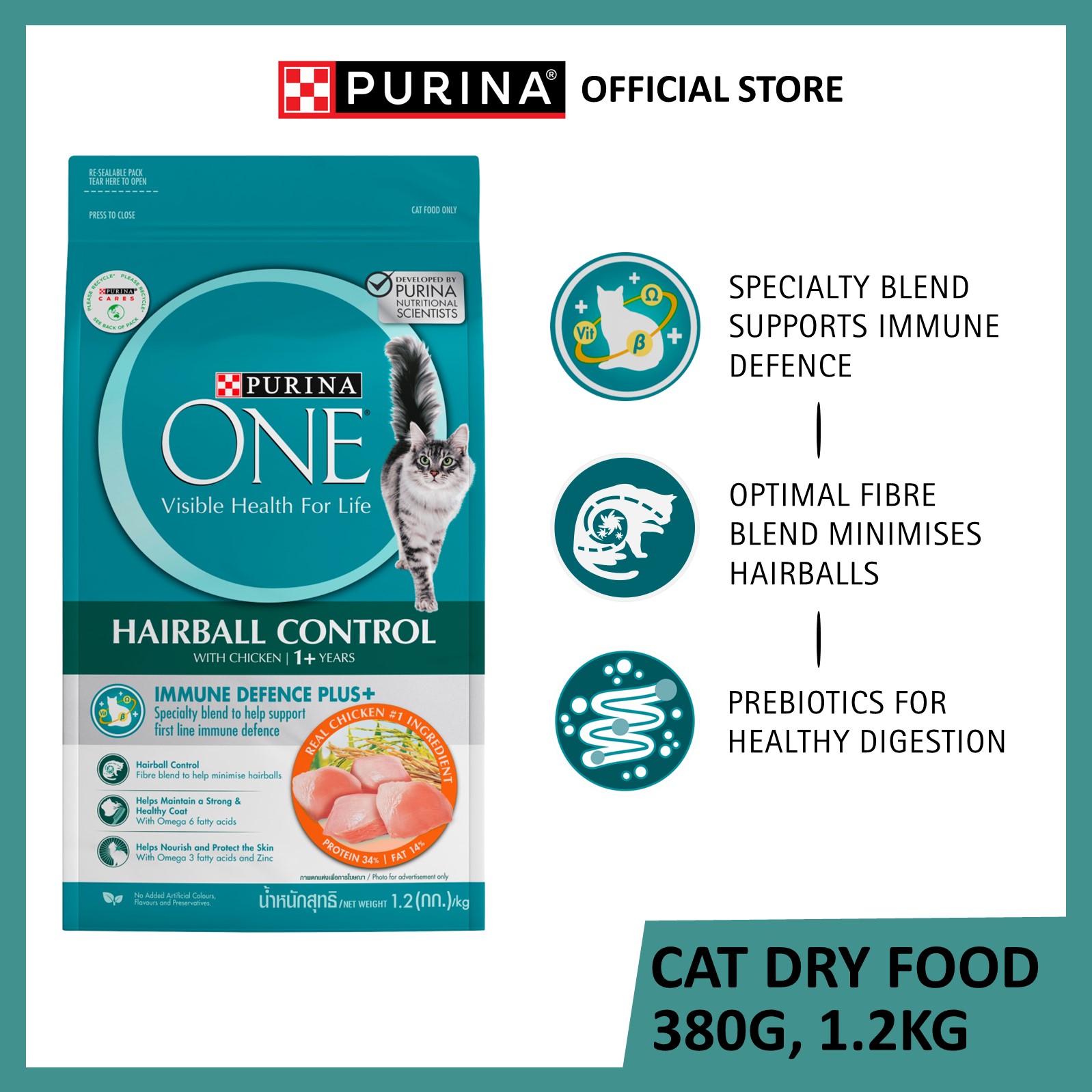 Purina ONE Hairball Control Dry Cat Food 380g, 1.2kg