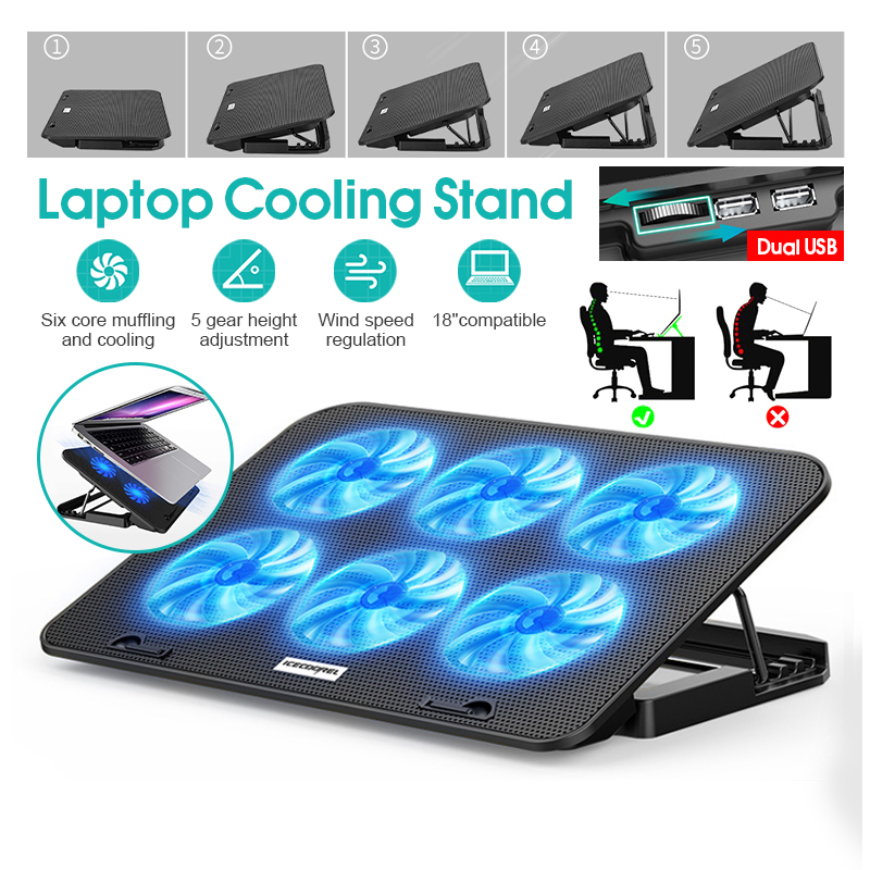 Laptop Cooler 6 Fans Notebook Laptop Cooling Pad Adjustable Height Laptop Stand Gaming Cooling Fan for 12-17 Inch