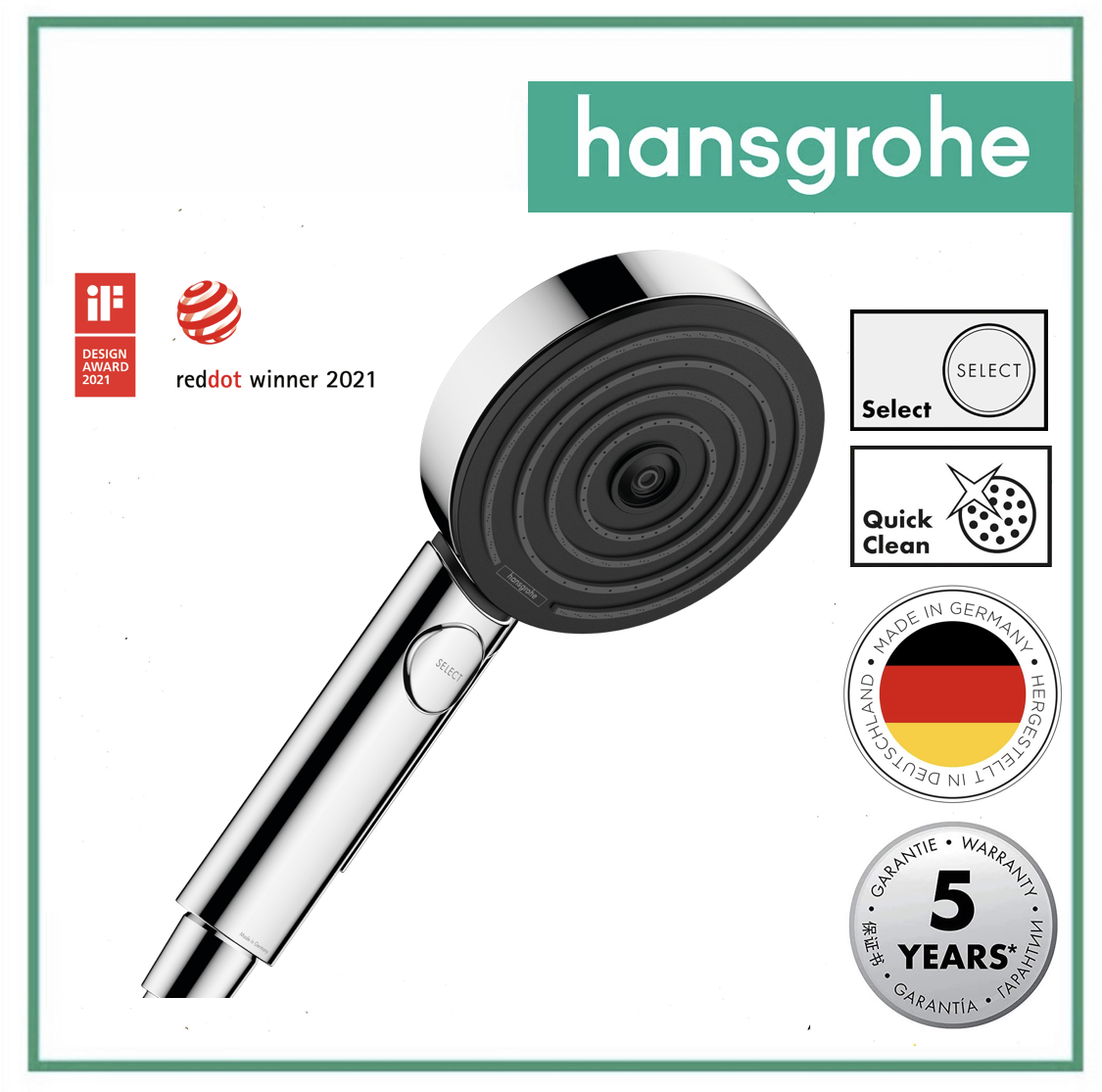 hansgrohe Pulsify Select S 105 3jet w Massage Spray Hand Rain Shower Head Relaxation (Chrome)