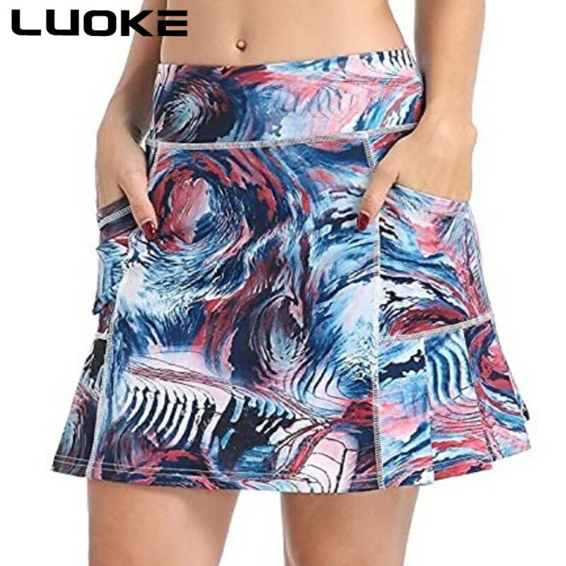LUOKE Yoga Skirts Women Golf Skort Tennis Running Workout Skort Two Layers High Waist Sport Dress with Pocket Plus Size Female Skirts