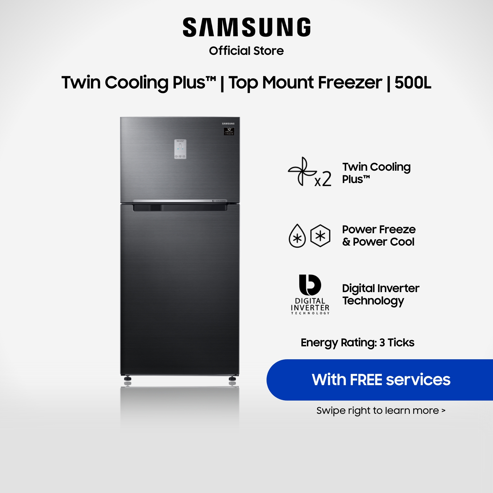 Samsung RT50K6257B1/SS, Top Mount Freezer Refrigerator, 500L, 3 Ticks