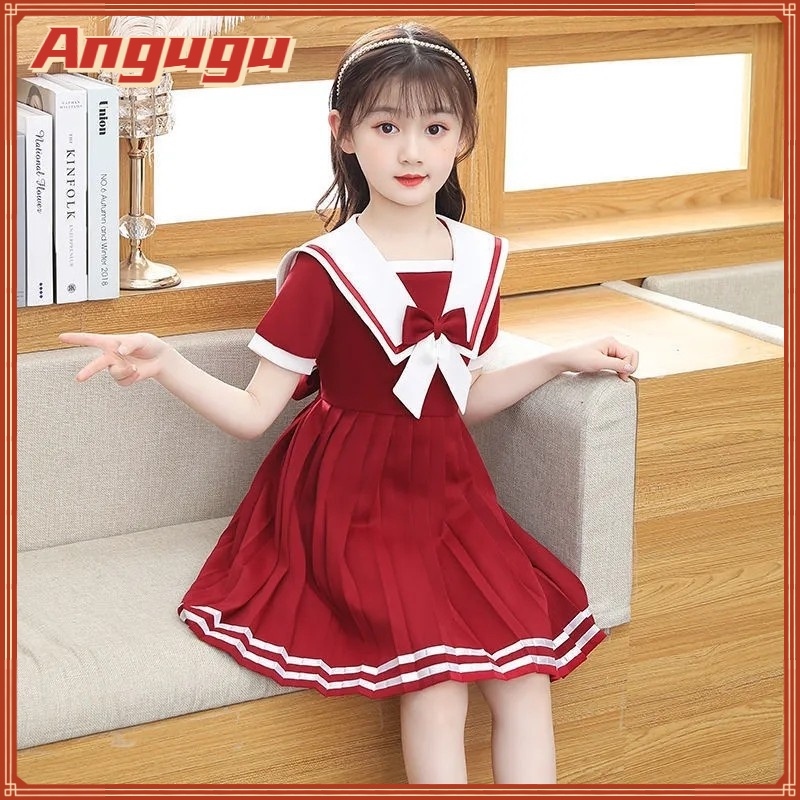 ♀☄ Angugu kids navy neck dress girls short sleeve dress summer Lolita princess dress JK college style little girl skirt 2 to 12 years old teen girl