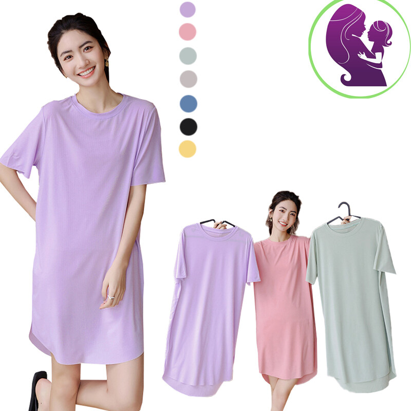 2022 New Summer Ice Silk Midi Dress Women Short Sleeve Round Neck Thin T-shirt Dress Ladies Loose Dresses Women's Causal Home Wear Plus Size Top Japanese
